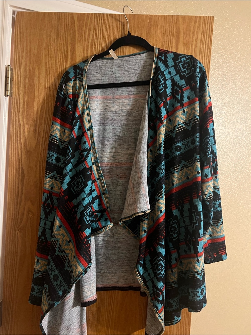 Magic Fit Aztec-Pattern Open Front Cardigan - Teal/Black/Red/Gold